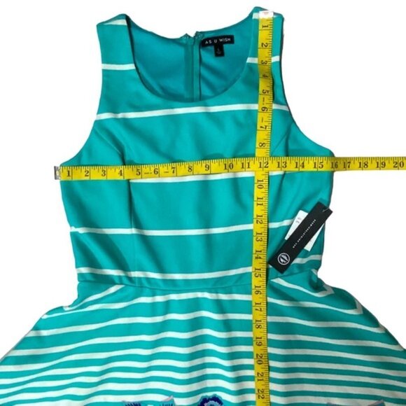 As U Wish Cut Out Skater Dress Mini Flare Stripe Floral White Teal Junior Large - Picture 5 of 16